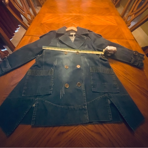 Stylish jacket with a dark denim finish that has a worn-in, distressed look. - Picture 8 of 12